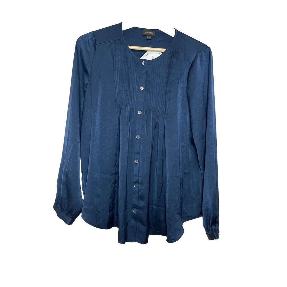 J.Jill Womens S Navy Blue Silky Long Sleeve Long Sleeve Blouse Top Button Up NWT